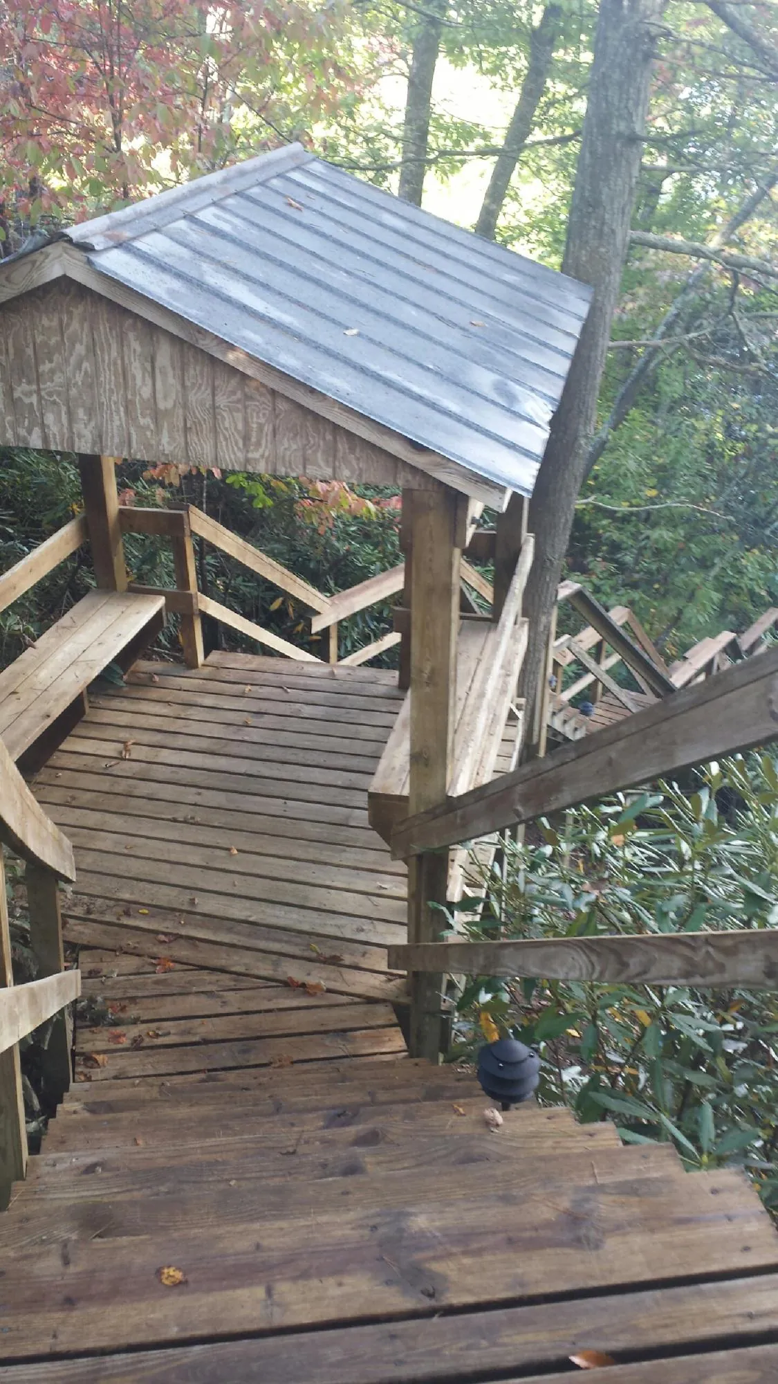 Metal roofed shelter over wooden steps on a wooded walkway — Skylight Repair & Installation work by our crew in Summer Shade